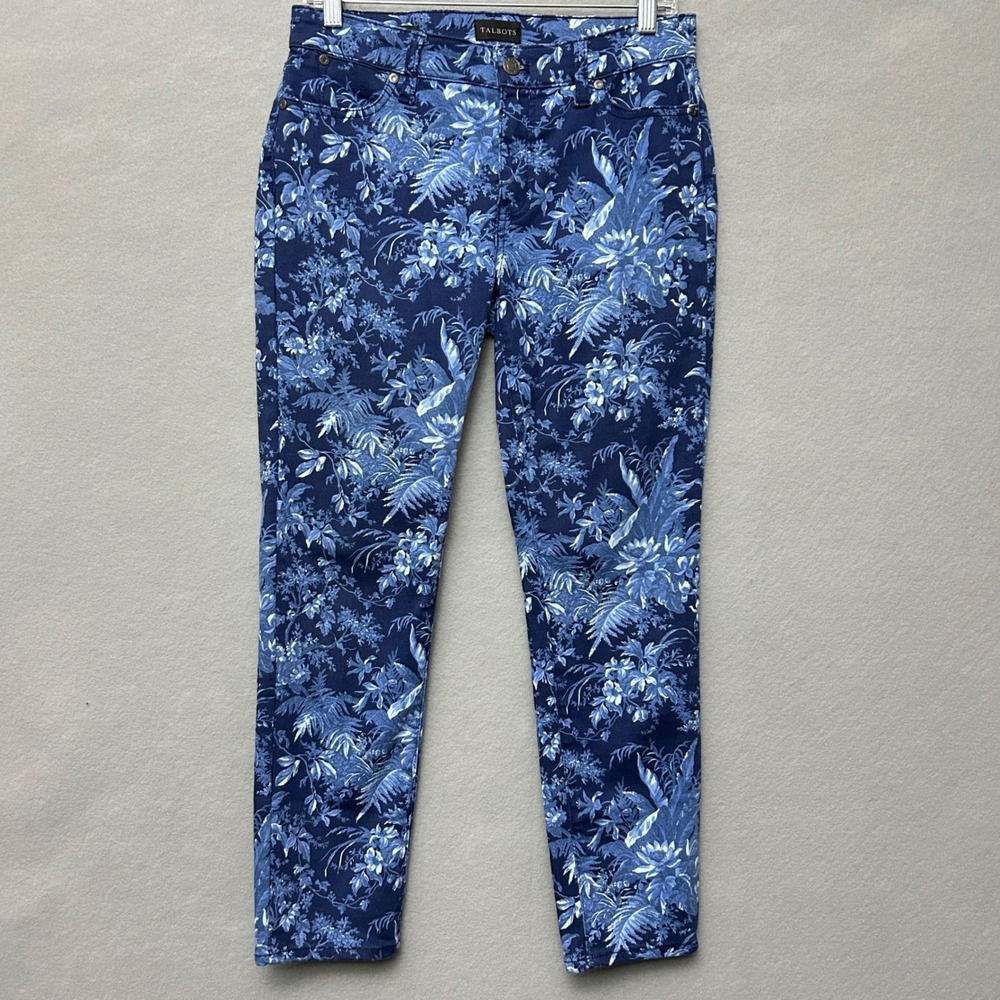 Talbots Slim Ankle Jean Women 4P Blue Floral Tropical Print Stretch Denim